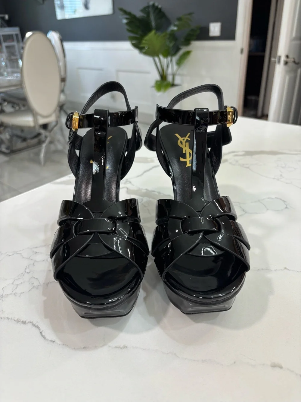 Saint Laurent Black Patent Platform T-Strap Sandals with Gold Buckle - Picture 5 of 12